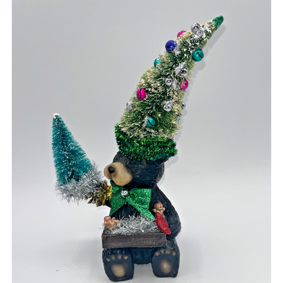 Vintage Black Bear with Christmas Tree Pinecone Paw Gingerbread Cardinal OOAK - Picture 2 of 16